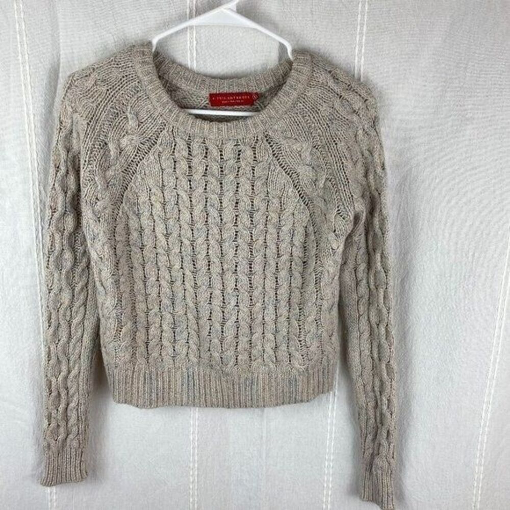 n:‎ philanthropy sweater top cropped fisherman cable knit tan soft Small